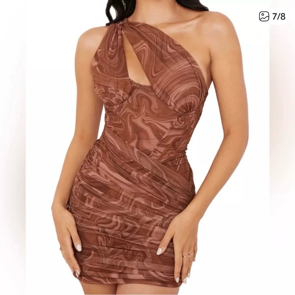 House of CB Chocolate Swirl One-Shoulder Dress